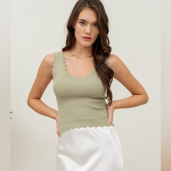 Hi, It’s Birdie Tops - 🕊️ 223 - Scalloped Edge Light Sage Tank Top